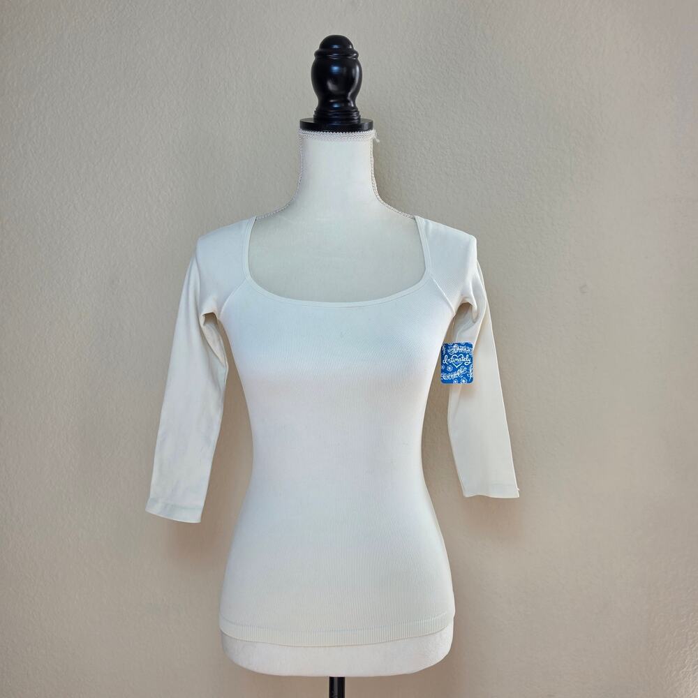 Free People Square Neck Fitted 3/4 Sleeve Top Ivory Medium